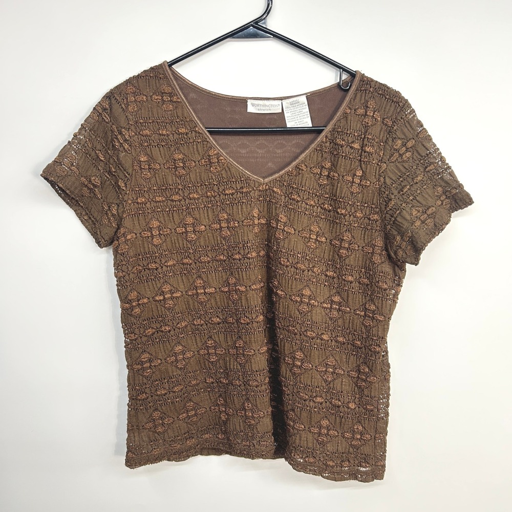 Earthy Brown‎ Crochet Lace Top Large Romantic Boho Textured Blouse Cottagecore